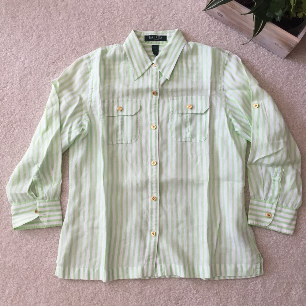 Lauren Ralph Lauren 100% Linen Top Petite Small Green and White Striped